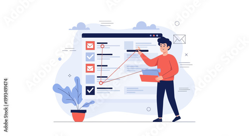 Man checking tasks on a digital board, project management, planning, strategy, business concept