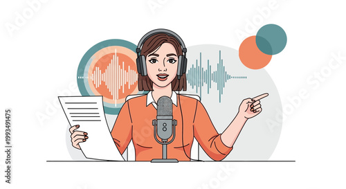 Woman podcasting with headphones and microphone, recording audio with sound waves