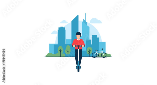 man riding bicycle in front of city skyline