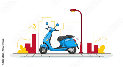 Blue electric scooter parked on city sidewalk near street light