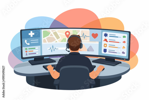 Professional Emergency Dispatcher Operating Multiple Screens