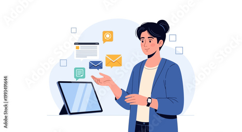 Woman presenting digital communication and online services on tablet