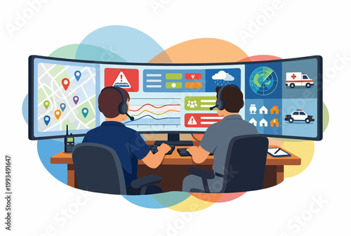 Emergency Dispatchers in Modern Control Center with Panoramic Screen