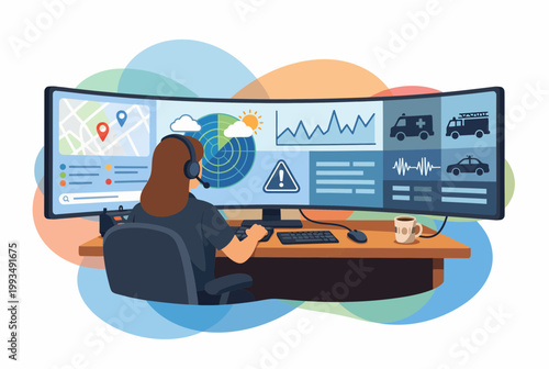 Female Emergency Dispatcher Monitoring Multi-Screen Control Center