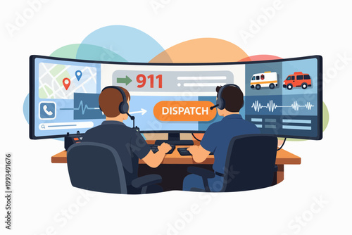 911 Emergency Dispatchers Working at Control Center Desk