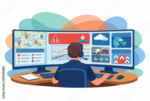 Emergency Dispatcher Monitoring Multiple Screens in Control Room