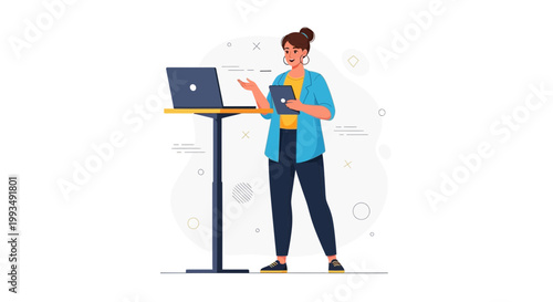 Woman Presenting with Laptop and Tablet at Standing Desk