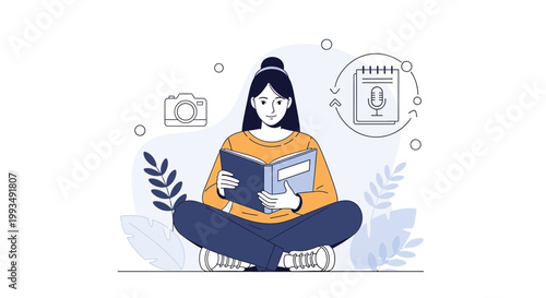 Woman reading book, camera and microphone icons, learning and creativity concept