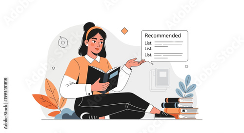 Woman reading book, surrounded by books and plants, with recommendation list