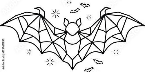 Geometric flying bat illustration with small bats and stars, modern polygonal Halloween line art isolated on white background.
