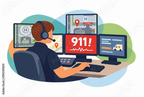 911 Emergency Dispatcher Working with Multiple Monitors