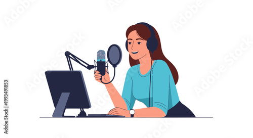 Woman recording podcast with microphone and headphones, sitting at desk with computer