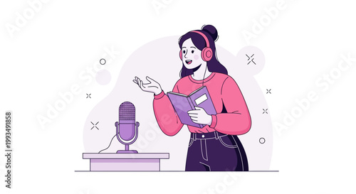 Woman recording podcast with headphones and book, speaking into microphone