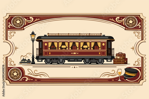 Vintage Train Ticket Template featuring Ornate Passenger Carriage, Luggage, Conductor Hat, and Decorative Borders. Retro Railway Travel Illustration for Invitations, Posters, and Graphic Design.