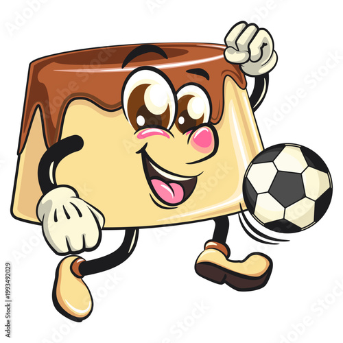 cute caramel pudding mascot character playing soccer football, dessert cartoon vector illustration isolated, work of hand drawn