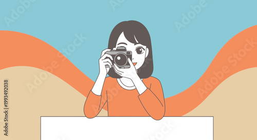 Woman taking photo with vintage camera, abstract colorful background, illustration