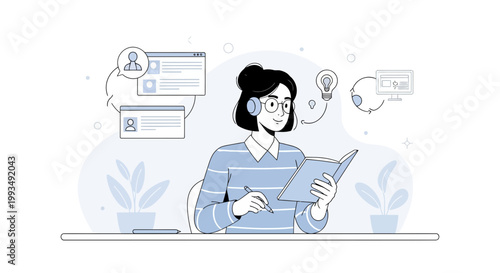 Woman studying with headphones, book, and lightbulb idea icon, online learning concept