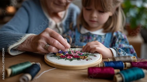 151Grandmother's hands teaching child traditional embroidery stitches on fabric hoop, colorful thread spools scattered on table, natural window light illuminating needlework, ideal fo