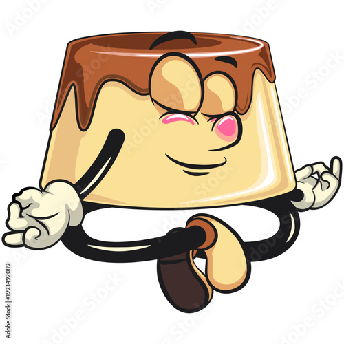 cute caramel pudding mascot character meditating, dessert cartoon vector illustration isolated, work of hand drawn