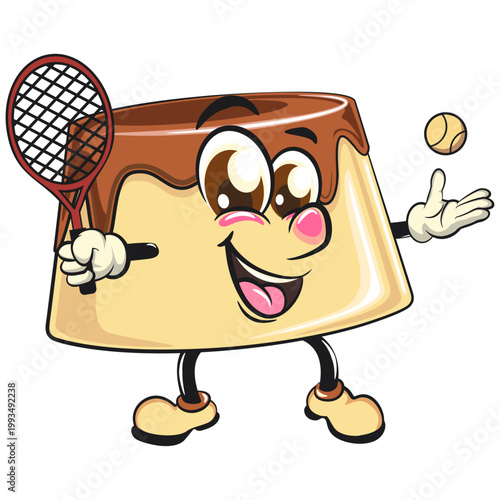 cute caramel pudding mascot character playing tennis, dessert cartoon vector illustration isolated, work of hand drawn