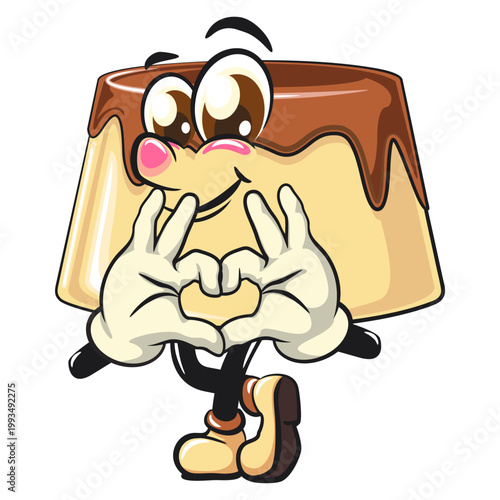 cute caramel pudding mascot character is giving a sign of love with finger, dessert cartoon vector illustration isolated, work of hand drawn