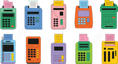 Cartoon vector illustration of colorful POS machines showing payment processing device design variation for business transaction