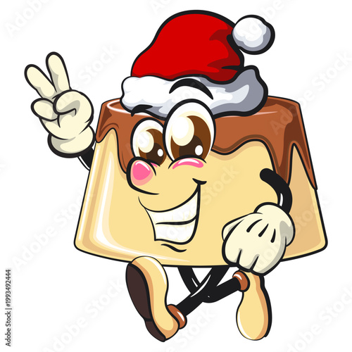cute caramel pudding mascot character wearing a Santa Claus hat while giving a two-finger peace sign, dessert cartoon vector illustration isolated, work of hand drawn