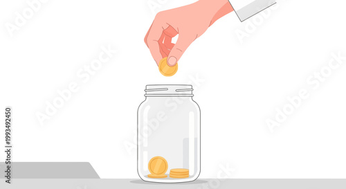 Hand placing coins into a glass jar for savings or investment