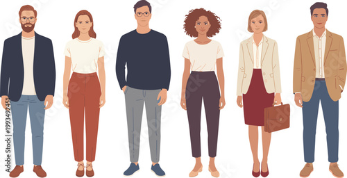 Cartoon vector illustration of diverse office fashion showing semi formal business casual outfits with professional stylish design