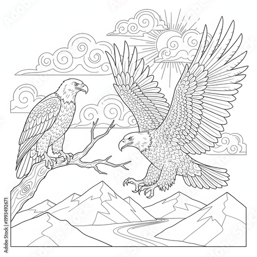 Two eagles in flight and perched on branch with mountain landscape and sunny sky transparent background