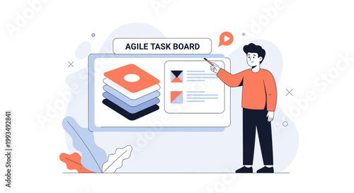 Agile task board presentation with man pointing, business strategy and project management concept