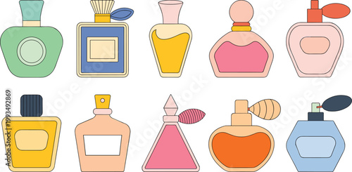 Cartoon vector illustration of perfume bottles showing fragrance fashion decorative design variation with colorful stylish shapes