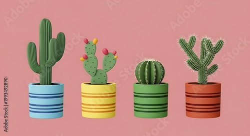 Colorful Cactus Collection in Decorative Pots Against a Pink Background.