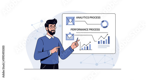Business analyst presenting analytics and performance process with charts on screen