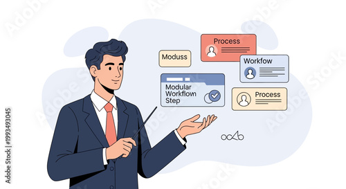 Business Man Explaining Modular Workflow and Process Steps with Diagrams