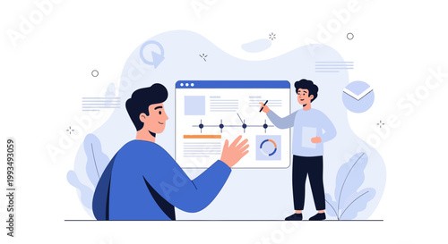 Business meeting illustration: team discussing strategy on a whiteboard with charts and graphs