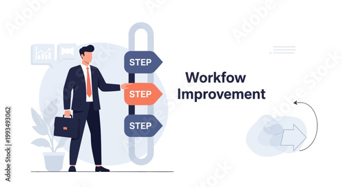Business man improving workflow with steps, charts and briefcase, workflow improvement concept