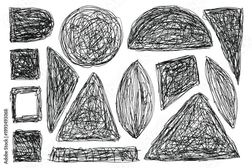 Random Chaotic Lines Abstract Shapes Set. Tangled scribble lines doodle geometric shapes. Vector messy hand drawn crayon shapes.