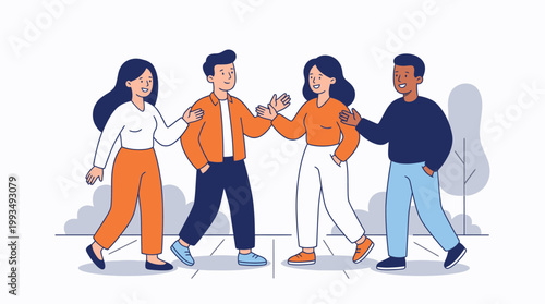 Group of Four Friends Walking Together in Casual Attire in a Vibrant Urban Setting