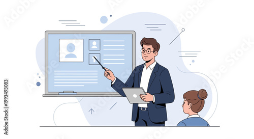 Business meeting presentation, man teaching woman about profiles on screen