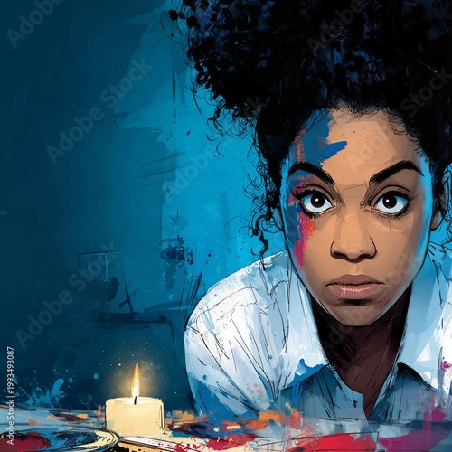 A vibrant pop-art illustration with bold saturated colors depicting student paint-smudged forehead intense creative gaze watching single candle flicker in darkened stone room, set against ethereal whi