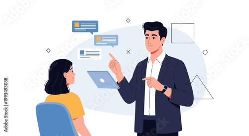 Business meeting: man explaining to woman, laptop, speech bubbles, abstract shapes