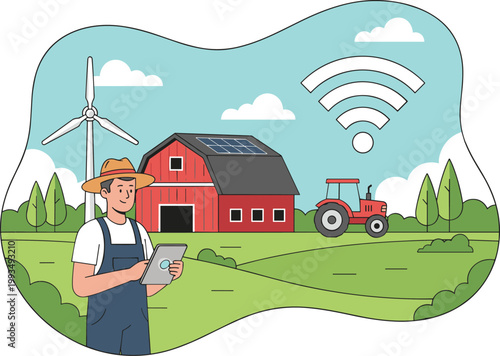 Cartoon vector illustration of smart farming scene showing sustainable agriculture with tablet solar wind tractor and connectivity design