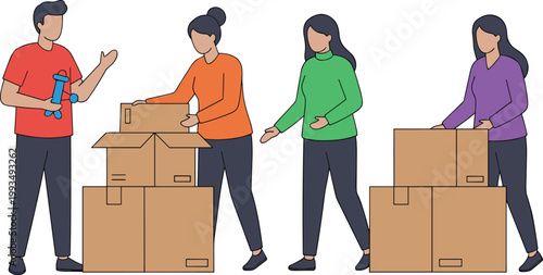 Cartoon vector illustration of teamwork activity showing packing organizing boxes with balloon animal and collaborative design