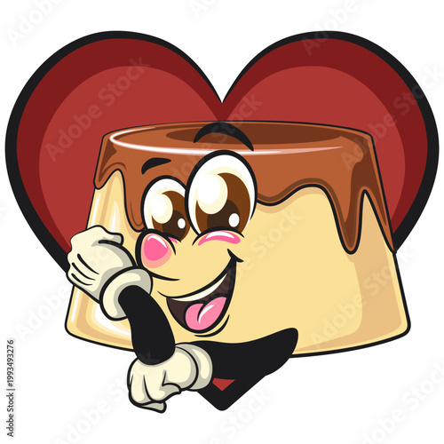 cute caramel pudding mascot character smiling posing in front of a big heart, dessert cartoon vector illustration isolated, work of hand drawn