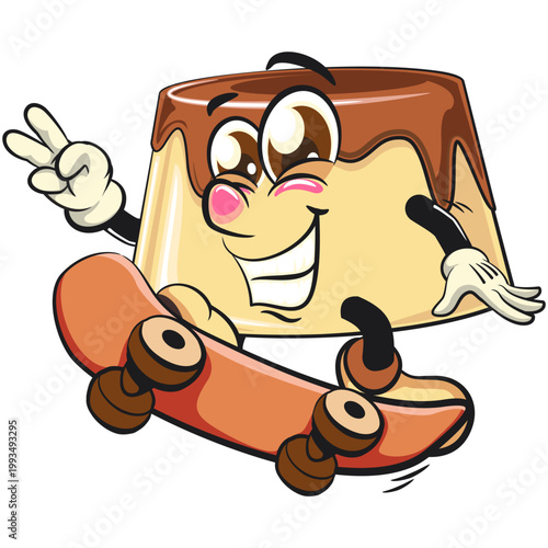 cute caramel pudding mascot character jumping on a skateboard and giving a peace sign, dessert cartoon vector illustration isolated, work of hand drawn