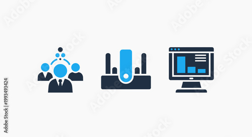Business networking network router computer analytics icons with computer analytics business connection technology management teamwork strategy planning communication internet wireless