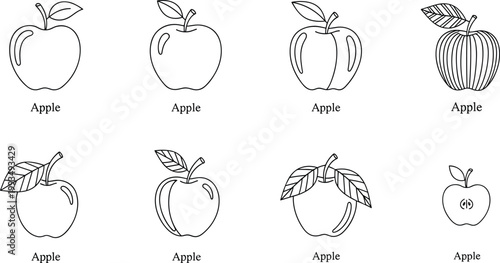 Apple fruit line icon set featuring different styles of apples with leaves simple outline vector illustration collection
