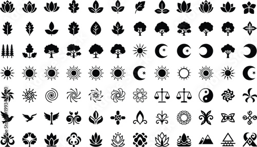 Cartoon vector illustration of symbolic icons showing nature balance harmony with lotus sun moon bird and abstract design