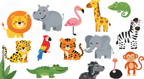 Cute safari animals collection including lion, elephant, giraffe, zebra, tiger, crocodile and monkey, colorful cartoon wildlife vector set isolated on light background